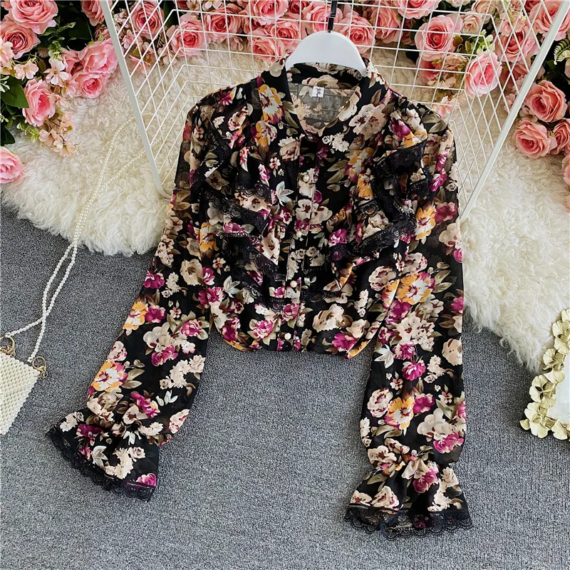 Pomlad Jesen Novi Korejski Slog Ogrlicom Cvetlični Šifon Rokavi Ženske Retro Svoboden Slim Moda Vrh C160