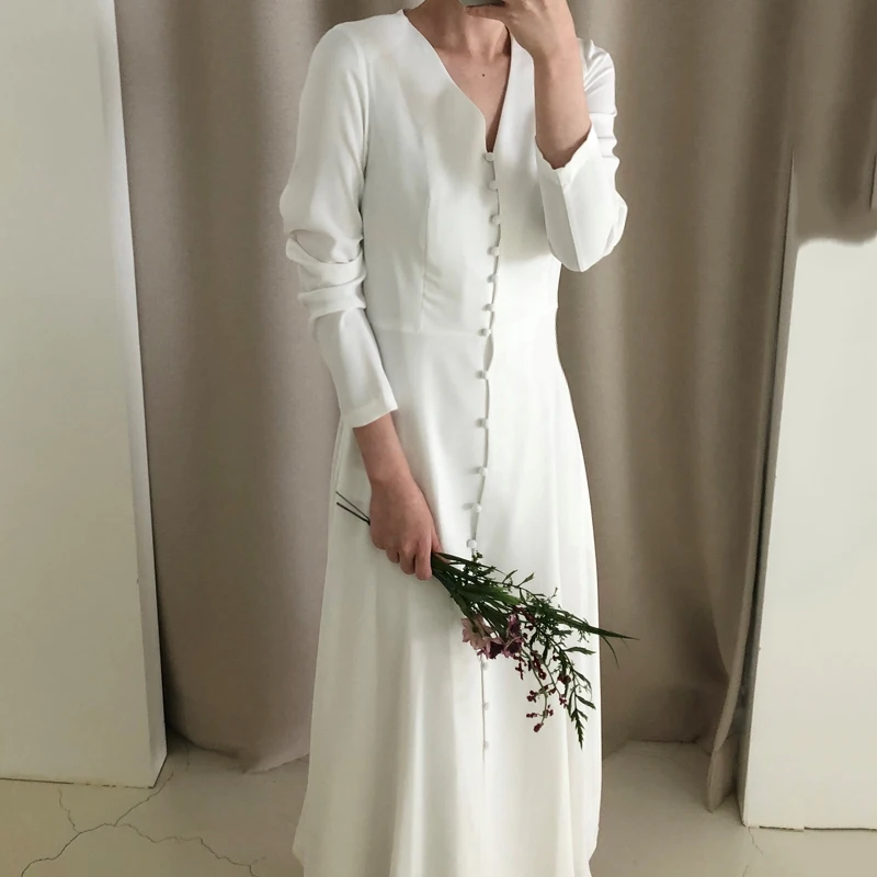 Pomlad Nove Elegantne Ženske Bele Slim Obleko Z Dolgimi Rokavi V Vratu Beloprsi Singl Moda Urad Dama Bodycon Obleke