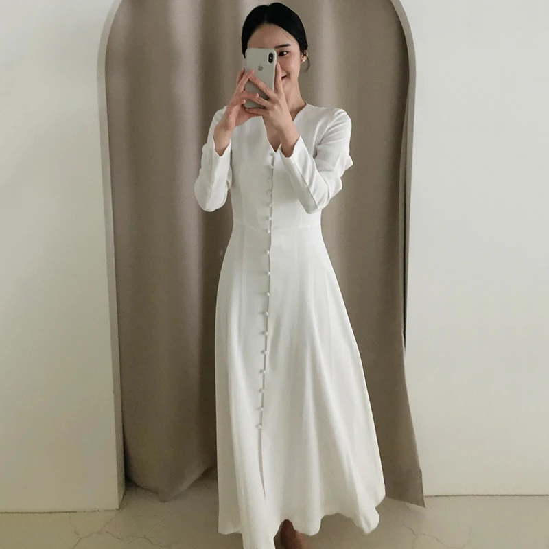 Pomlad Nove Elegantne Ženske Bele Slim Obleko Z Dolgimi Rokavi V Vratu Beloprsi Singl Moda Urad Dama Bodycon Obleke