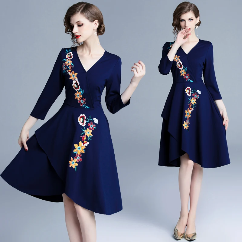 Pomlad Princesa Modra Vezeni Cvetlični Obleko Ropa Mujer Verano 2021 Božič Elegantne Ženske Midi Stranka Obleko Haljo Femme K9121