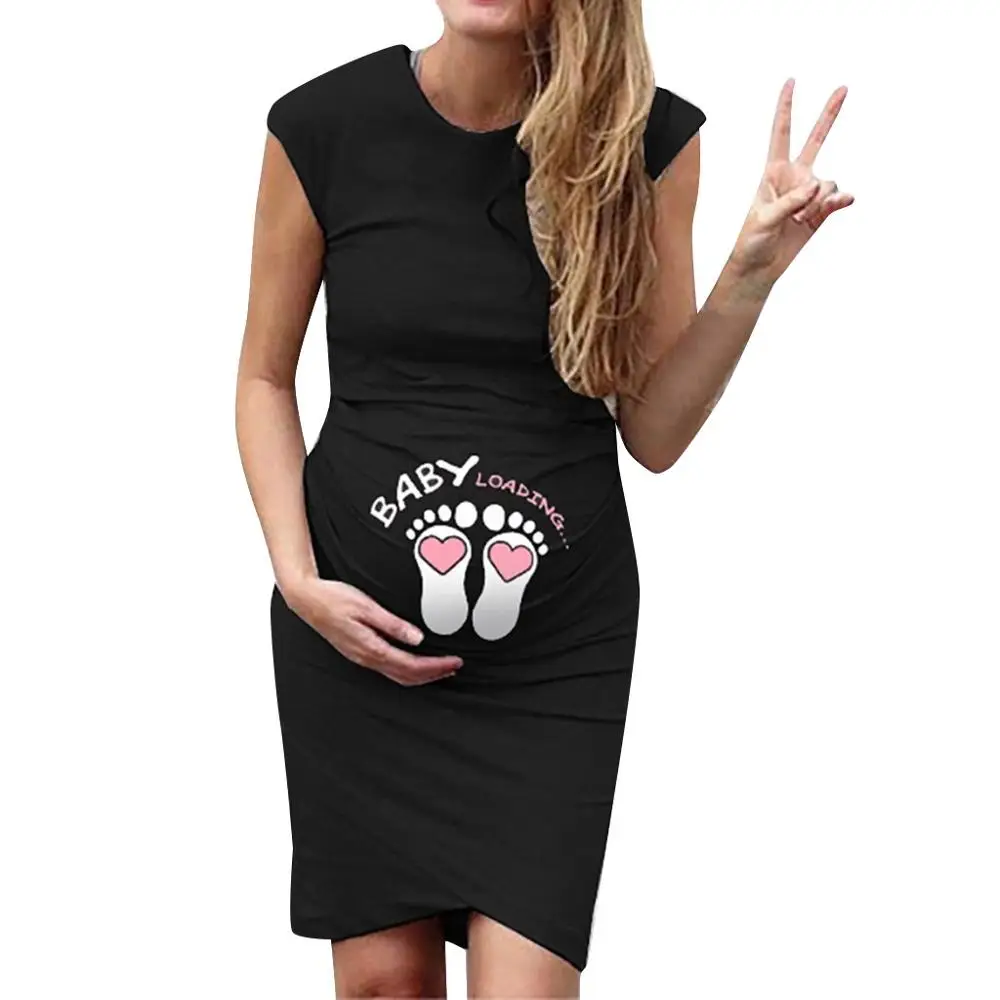 Porodniški obleko okoli vratu kratek rokav natisnjeni baby porodniškega obleko