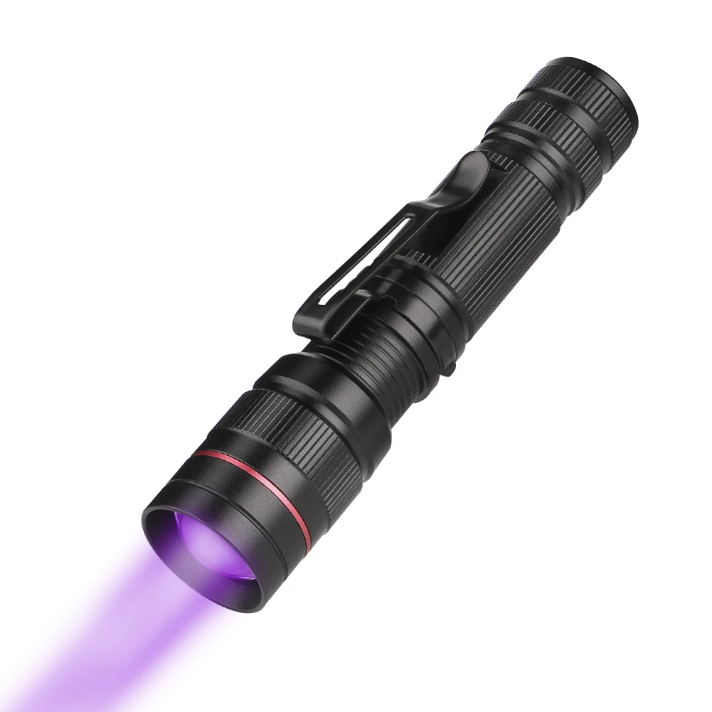 Portátil zoomable led uv lanterna 395nm roxo ultra violeta luz blacklight uv tocha lâmpada aa/14500 bateria