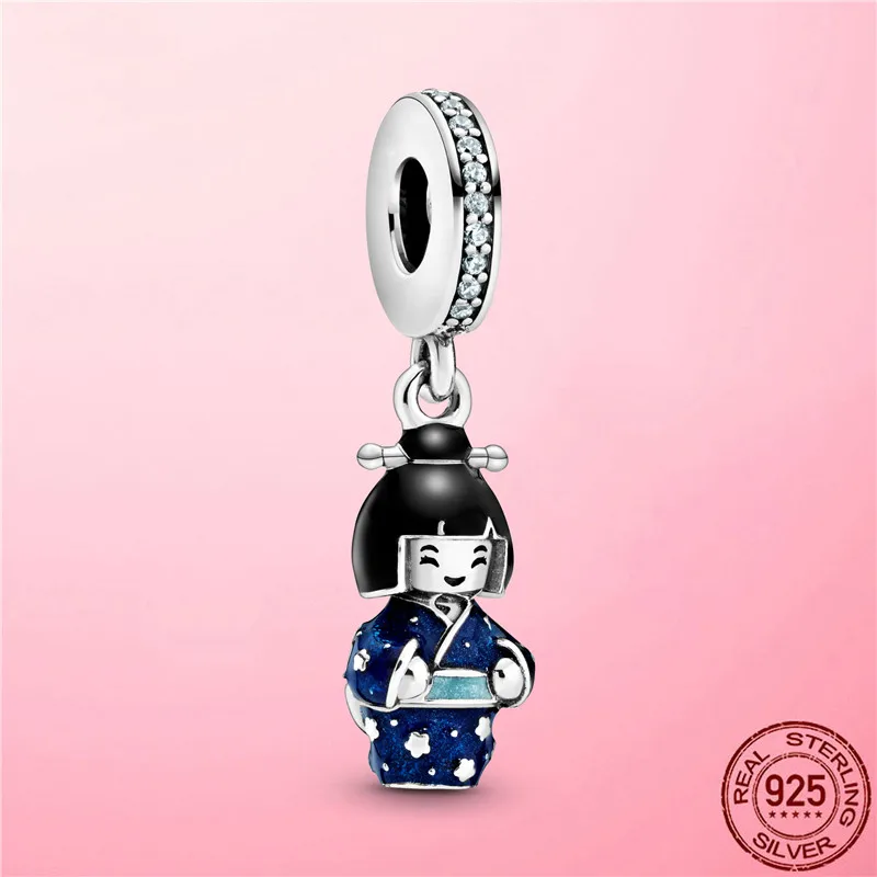 Potovanja Čare 925 Sterling Srebro Japonski Lutka v Modro Kimono Visijo Čar Kroglice fit Obesek, Zapestnico Pandora Nakit Ogrlica