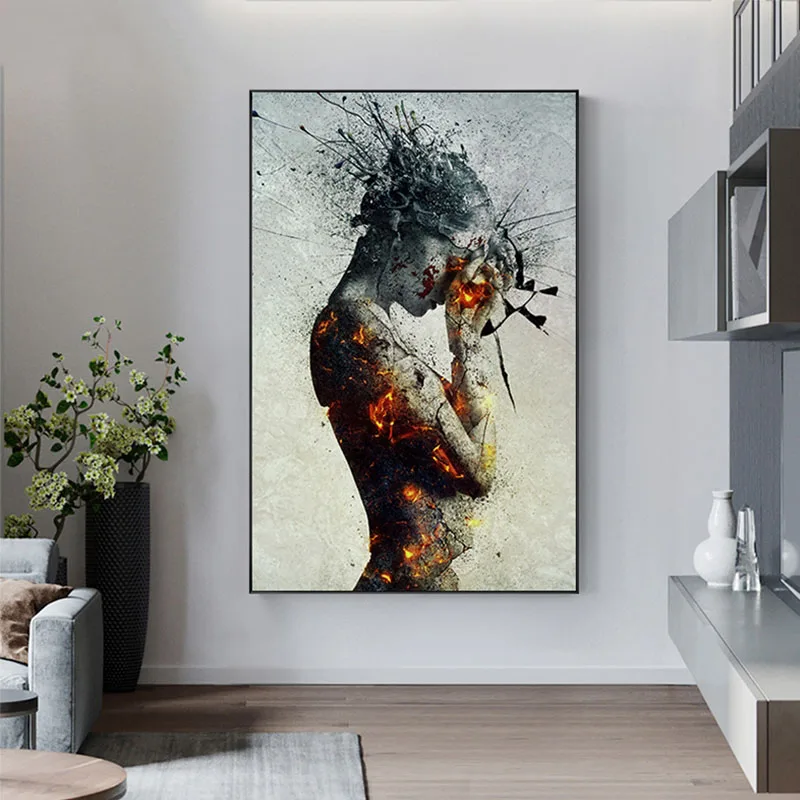 Povzetek Eksplozije, Požara Dekle Plakat Platno Slikarstvo Nordijska Poster Tiskanje Velikih Velikosti Wall Art za dnevno Sobo Gothic Cuadros Salon