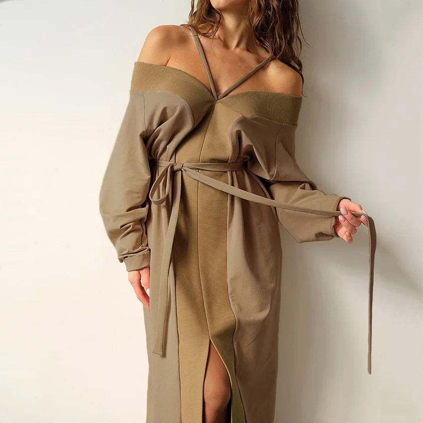 Pozimi Elegantno Rjava Dolgo Obleko 2020 Ženske Čipke-Up Pleteno Obleko Jeseni Ženske Seksi Off Ramenski Režejo Obleke Z Dolgimi Rokavi