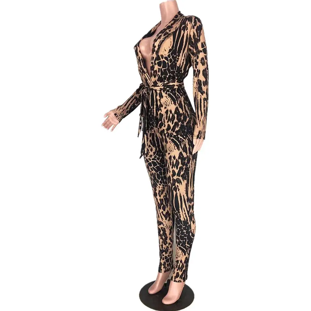 Pozimi leta 2020 leopard tiskanja Proti-vrat poln rokav obleka za ženske, svinčnik pantsuit, urad ženske dvodelne trenirko, priložnostne obleko