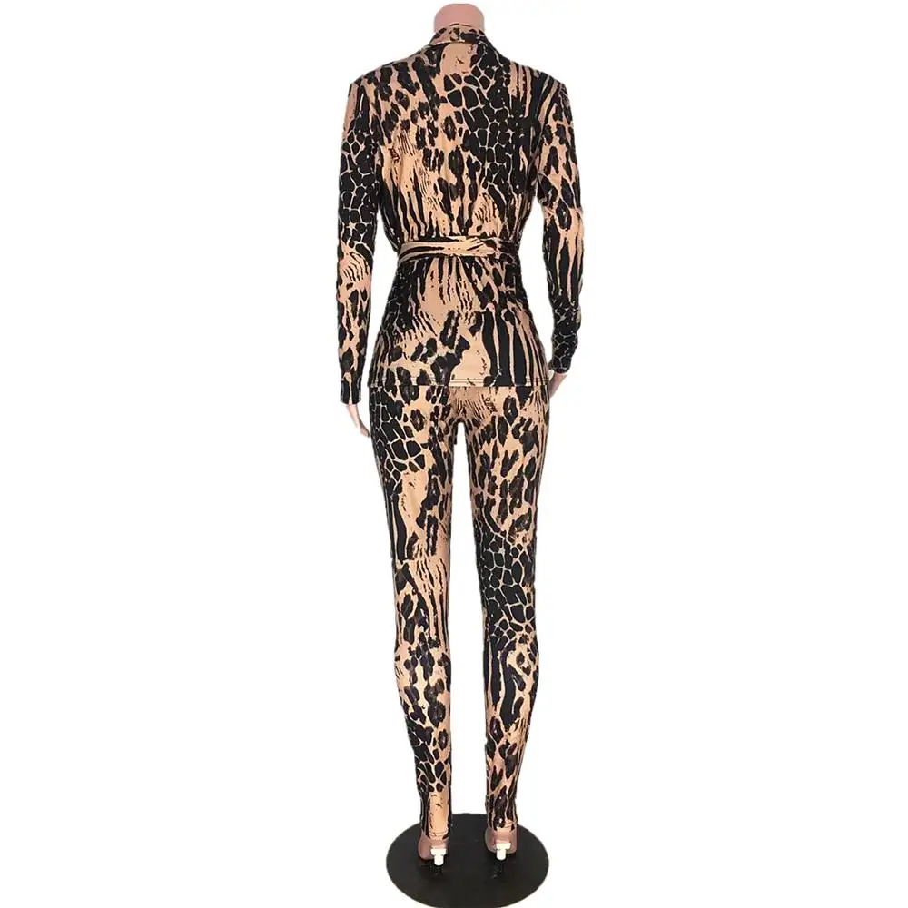 Pozimi leta 2020 leopard tiskanja Proti-vrat poln rokav obleka za ženske, svinčnik pantsuit, urad ženske dvodelne trenirko, priložnostne obleko