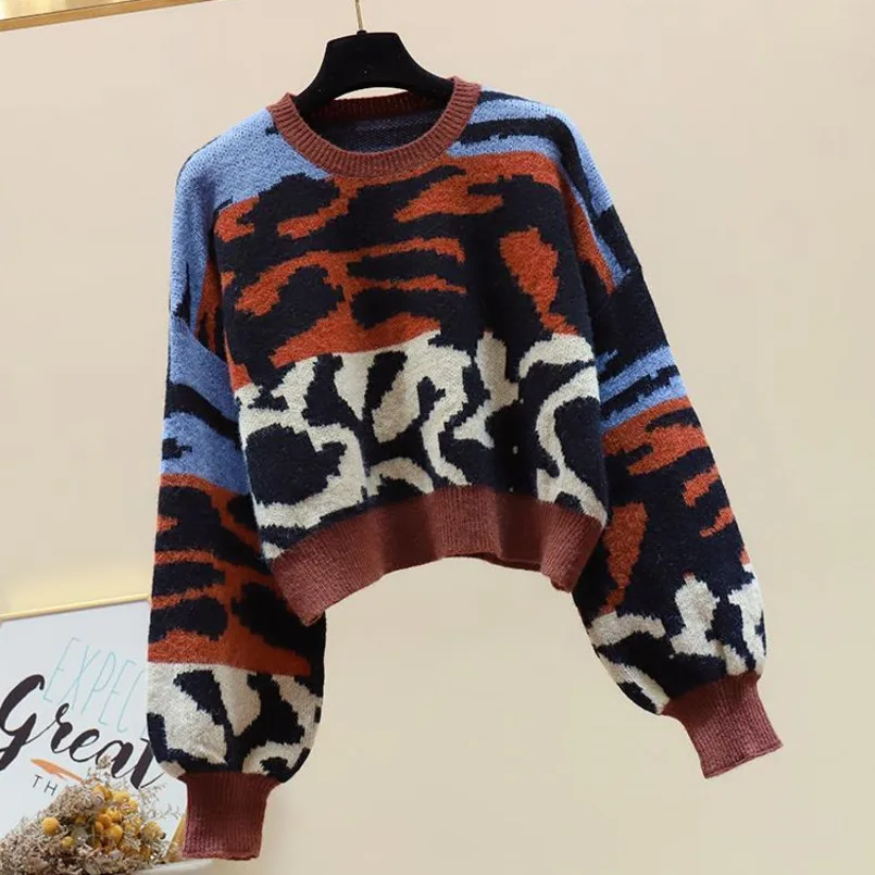 Pozimi Nov Pulover Ženske, Korejski Leopard Natisniti Moda Pleteni Pulover Ženske Ohlapen Pulover Kratek Puloverje Nadlak