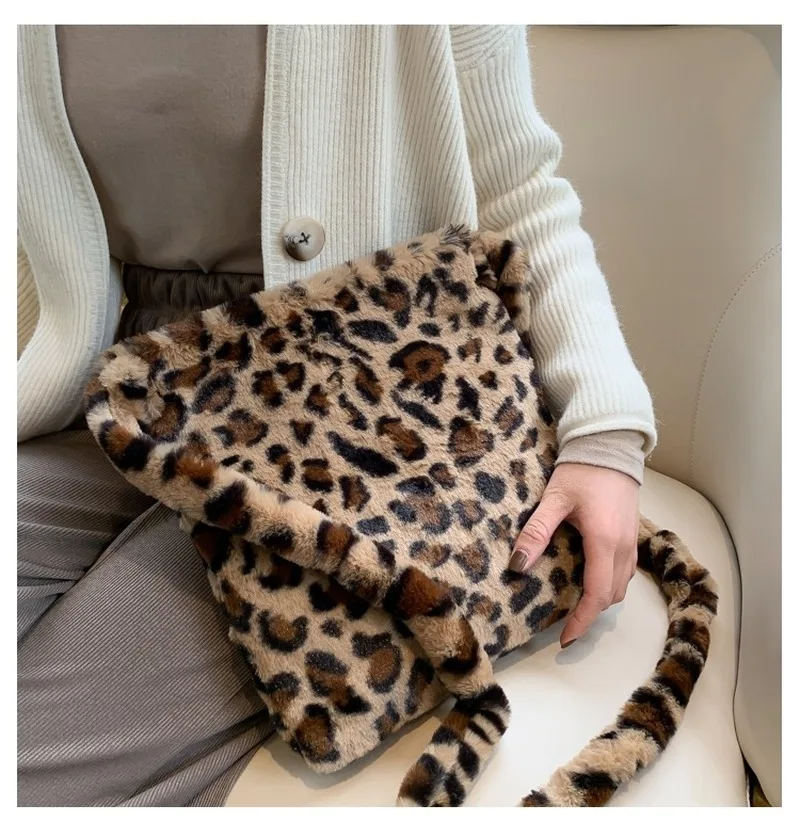 Pozimi Nova Modna Torba Leopard Ženski Vzročno Totes za Zimo Mehko Krzno Vrečko