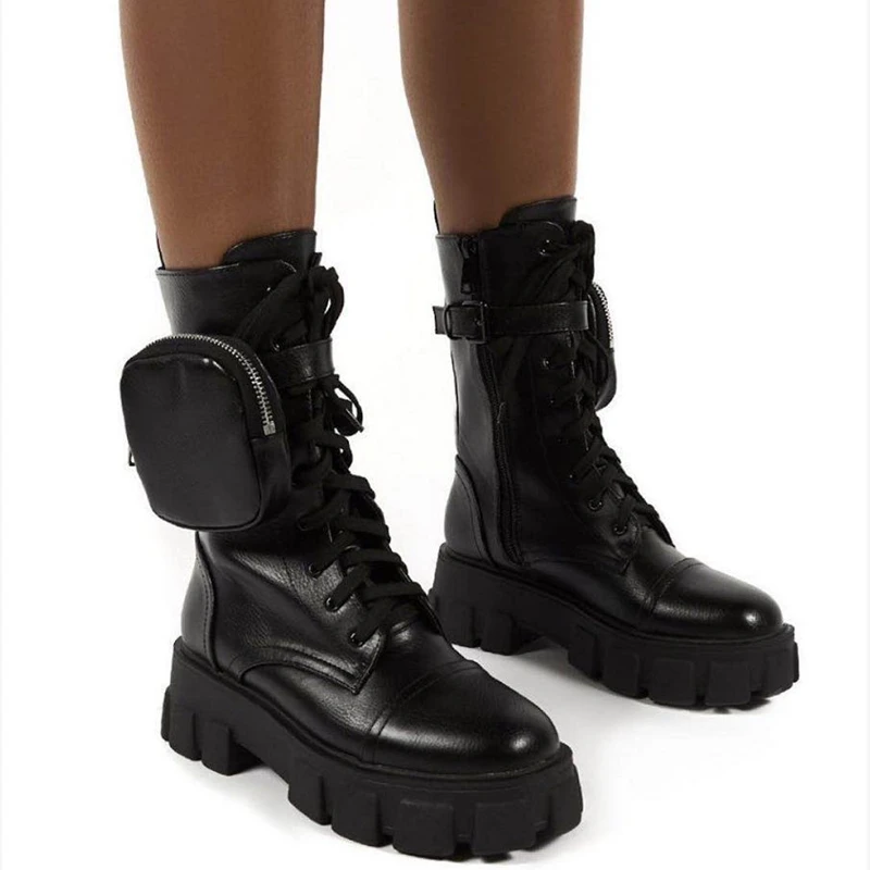 Pozimi Vroče Prodaje Ženske Škornji Barva Čipke-up Strani Zadrgo Mid-Tele Škornje Dame Povečanje Čevlji Z Majhno Denarnico