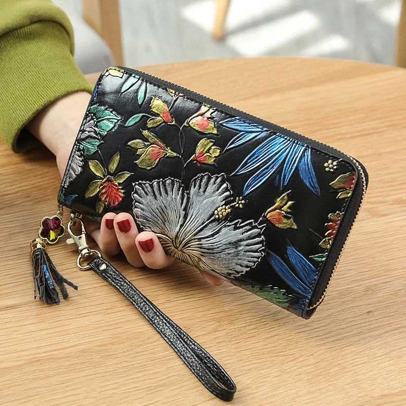 Pravega Usnja dolgo zadrgo ženske denarnice denarnica ženske denarnice original Tassel etnične slog 3D embressed denarnice, mobilni telefon vrečko