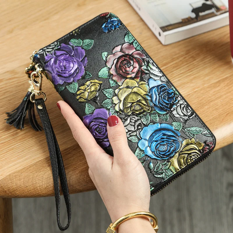 Pravega Usnja dolgo zadrgo ženske denarnice denarnica ženske denarnice original Tassel etnične slog 3D embressed denarnice, mobilni telefon vrečko