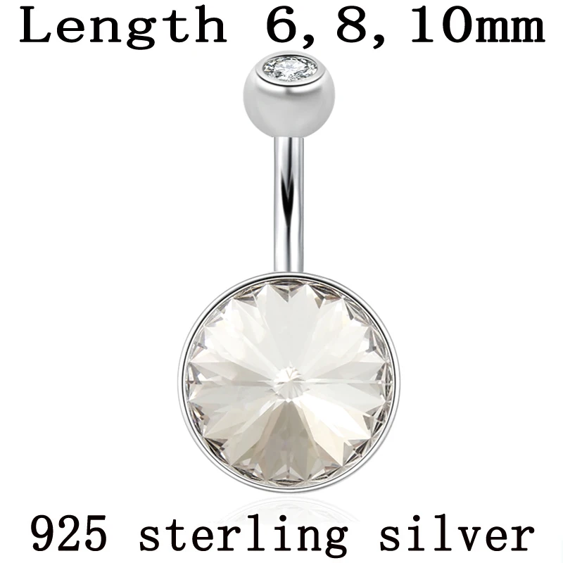 Pravi 925 sterling srebrni trebuh gumb obroč kristalni kamen krog piercing nakit za ženske, body piercing brezplačna dostava popka bar