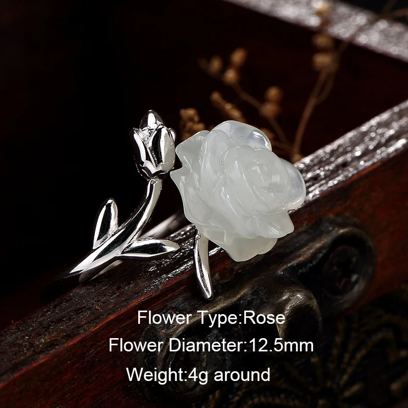 Pravi Čisti 925 Sterling Silver White Rose Obroči Za Ženske Elegantne Lep Cvet Obroči Nastavljiv Naravnega Kamna Bižuterije Fine