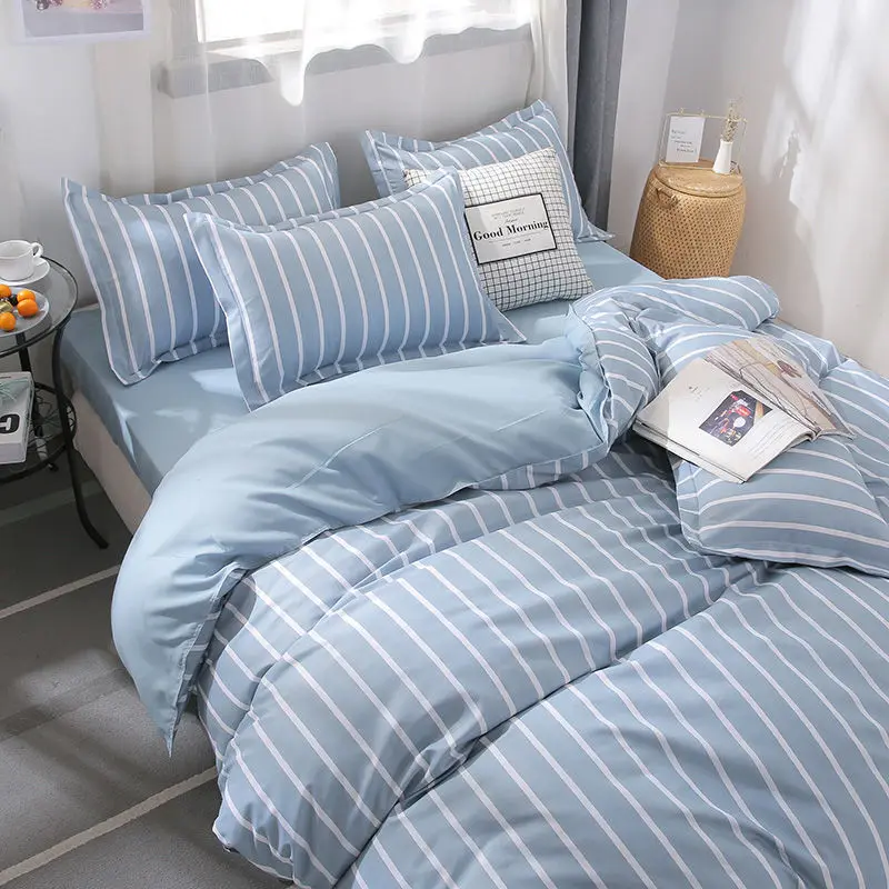 Preprost spalnica štiri-delni posteljni modre in bele proge študentskih spalnico posteljo stanja odeja zajemajo tri-kos prevleke