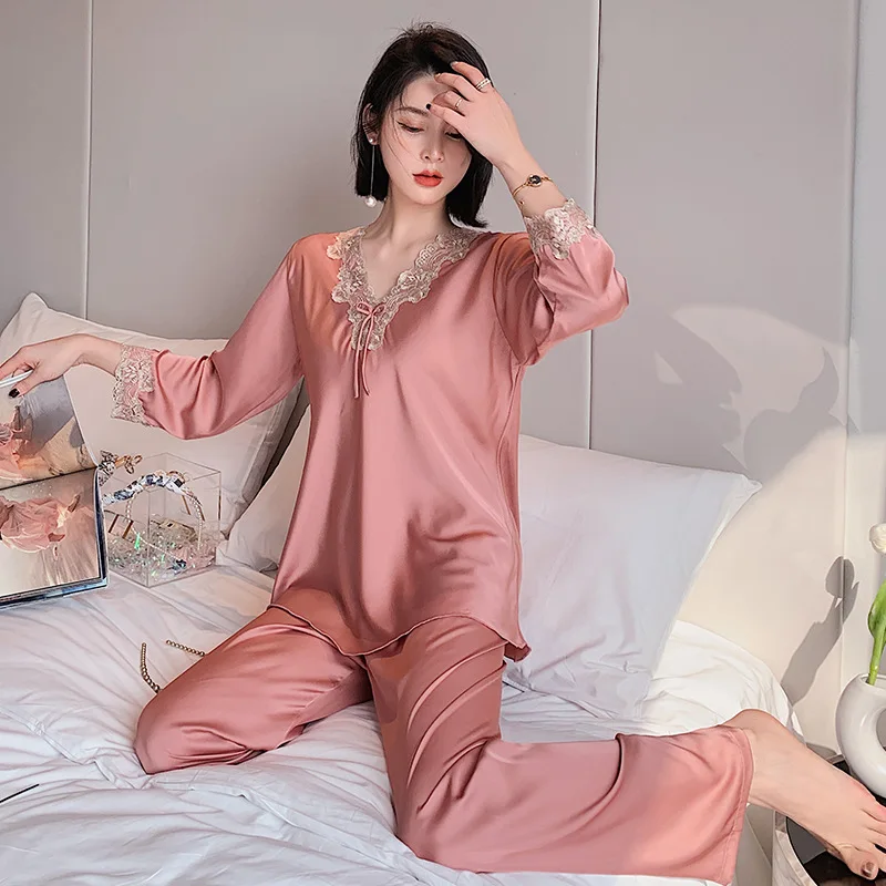 Priložnostne 2PCS Sleepwear Ženske Saten Pižamo Obleko Poletje Nove Pižame Intimno Perilo Svilnato kopalni plašč Lace Majica&Hlače Komplet