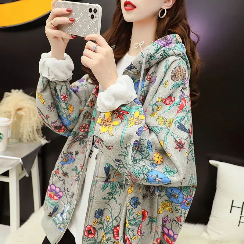 Priložnostne Cvjetnim Tiskanja Hoodies Z Zadrgo Ženske Jopice Korejski 2020 Jeseni, Pozimi Prevelik Hooded Hoodies Vrhnja Oblačila Plus Velikost