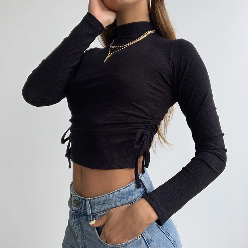 Priložnostne Trdna Turtleneck Dolg Rokav Y2k Obreži Zgoraj Black T-Shirt Strani Vrvico Ruched Bela Tee Majica Ženska Oblačila Za Ženske Do Leta 2020