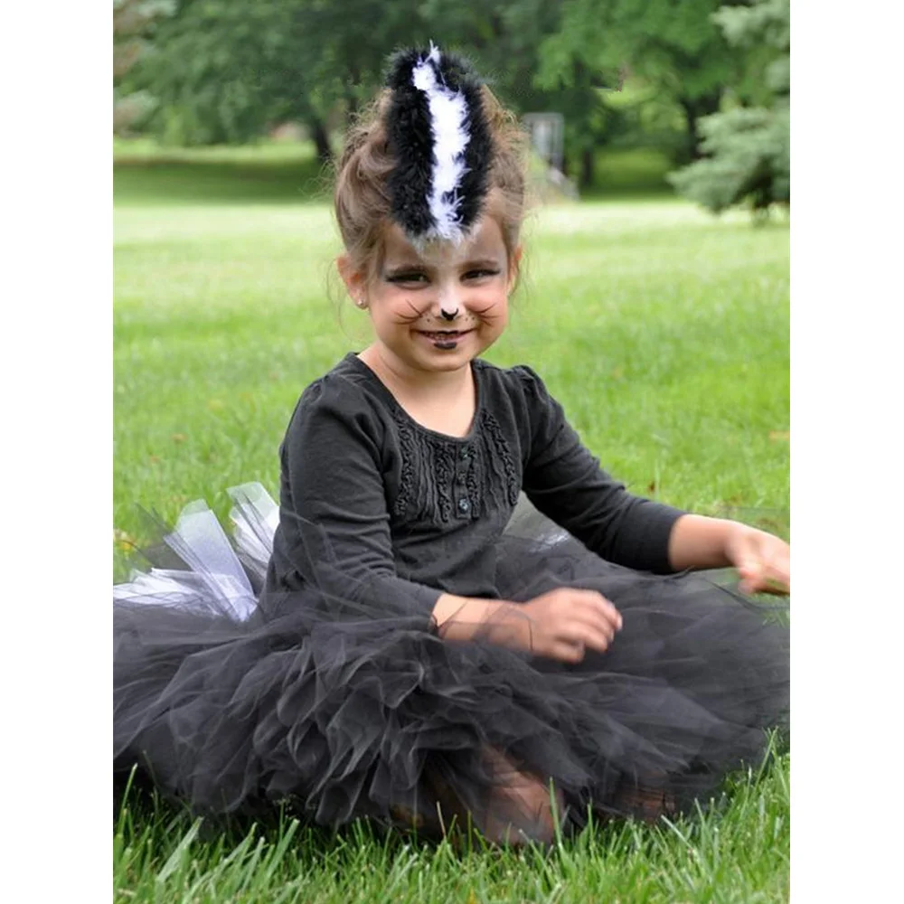 Priložnostne Črno Bel Skun Krznen Dekliška Krila za Otroke Koleno Dolžina Carnival Party Tutu Krilo Dekle Halloween Kostum z Dolgim Repom