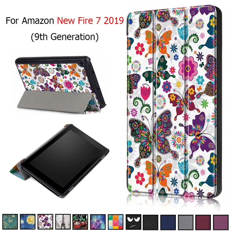 Primer Amazon Novo gasilsko 7 2019 Tiskanja PU Usnje Stojalo za Tablične Kritje Za Kindle Fire7 9. generacije 2019 Primeru