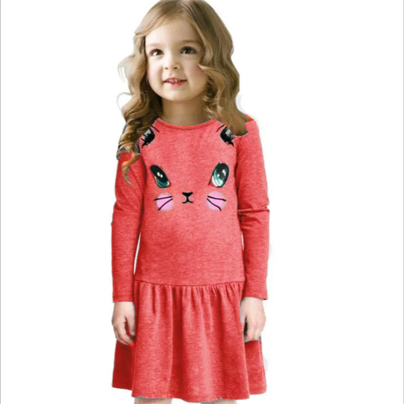 Princesa Dekleta Obleke Moda Pomlad Cat Natisnjeni Otrok Dolgo Oplaščeni Risanka Baby Bombaž Stranka Obleke, Otroci, Oblačila, Siva, Rdeča