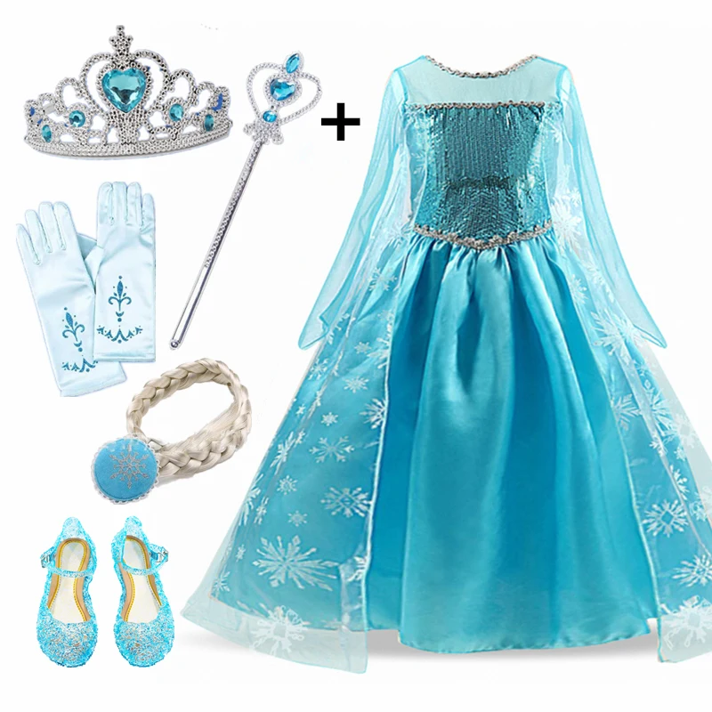 Princesa Obleke za Dekleta 3-10Y Cosplay Kostum Halloween Rojstni dan Obleko Sneg Obleka Princess Krono Pletenic