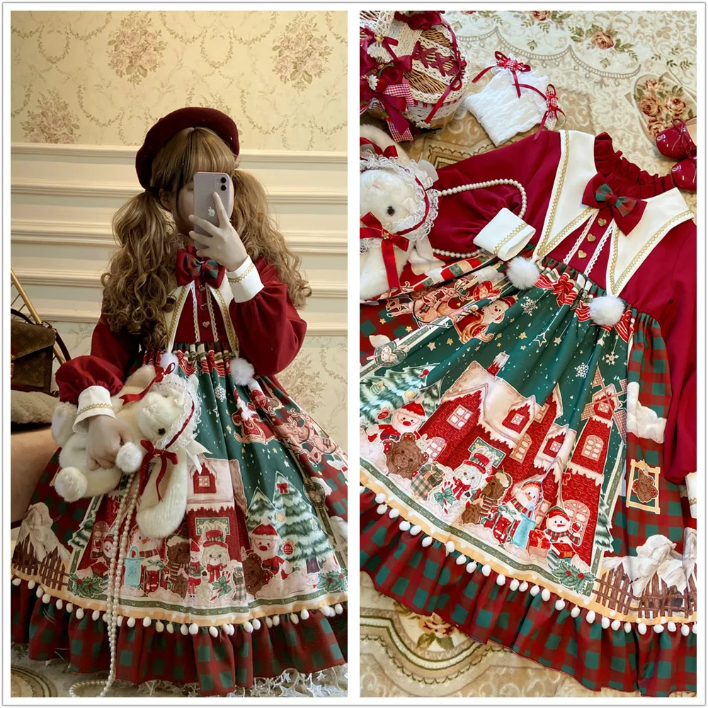 Princesa čajanka sweet lolita obleko Božič bowknot visoko pasu viktorijanski obleko kawaii dekle gothic lolita op loli cosplay