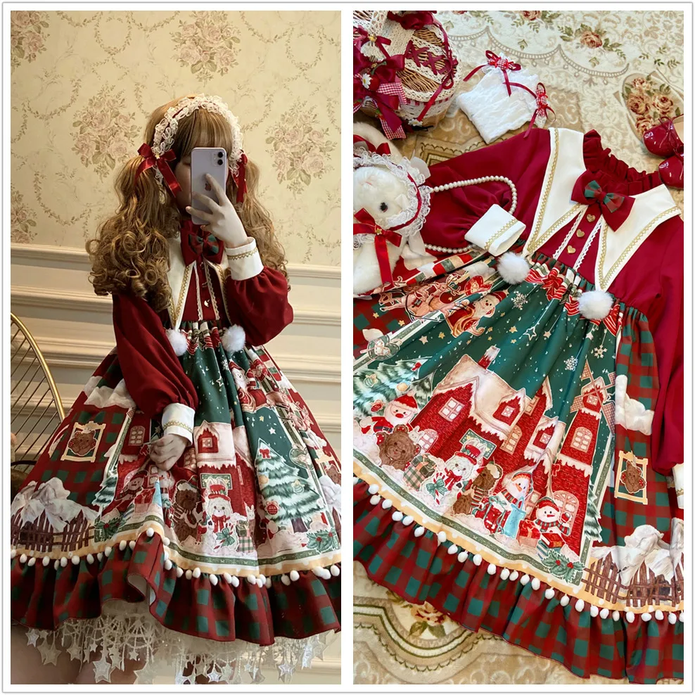Princesa čajanka sweet lolita obleko Božič bowknot visoko pasu viktorijanski obleko kawaii dekle gothic lolita op loli cosplay