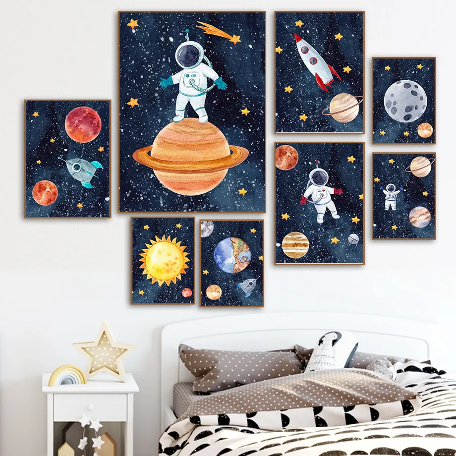 Prostor Planet Raketa Astronavt Star Sun Moon Wall Art Platno Slikarstvo Nordijska Plakatov In Fotografij Stenske Slike Baby Otroci Soba Dekor