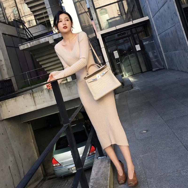Proti-vrat Slim Mid-dolžina Estetske korejski Pulover Obleko za Ženske Zimske Obleke Vintage Moda Seksi Priložnostne Pletene Bodycon Ženska