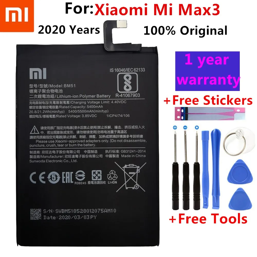 Prvotne Nadomestna Baterija Za Xiaomi Mi Max3 Max 3 BM51 Pristno Baterijo Telefona 5500mAh+Brezplačna Orodja+Prosti Nalepke