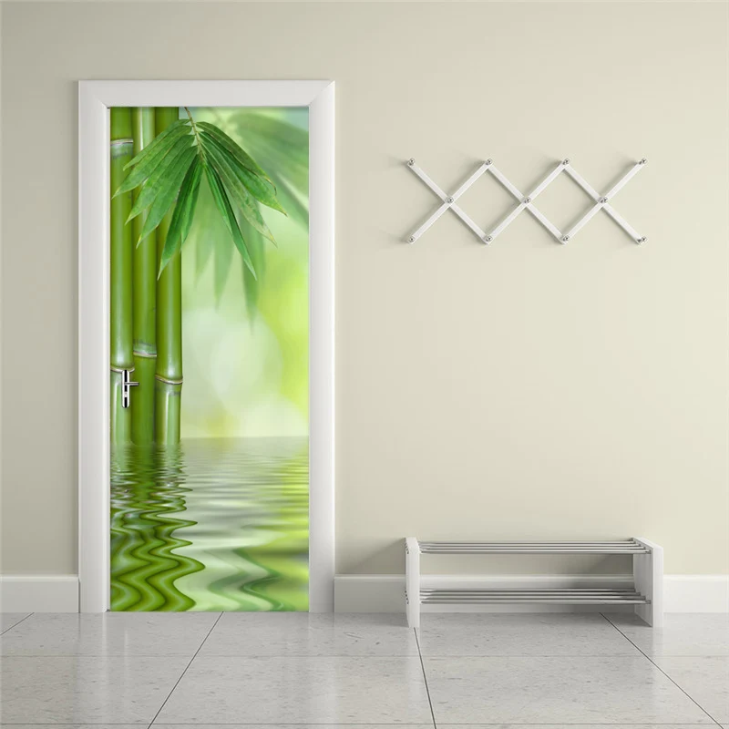 PVC Samolepilne Nepremočljiva Vrata Nalepke Moderne 3D Zeleni Bamboo Leaf Fotografijo za Ozadje Dnevni Sobi Doma Dekor Steno stensko Nalepke