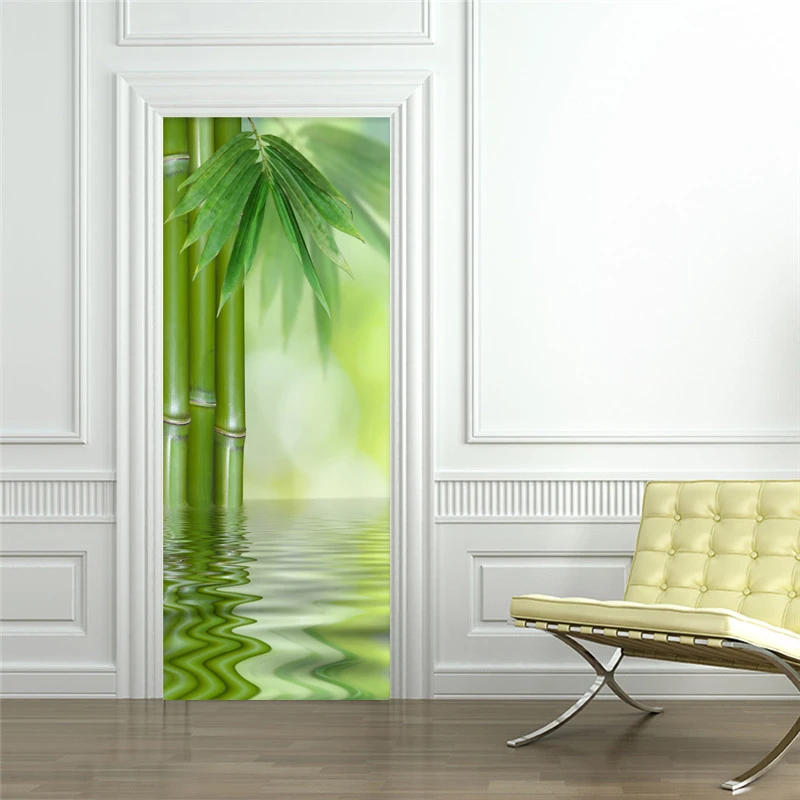 PVC Samolepilne Nepremočljiva Vrata Nalepke Moderne 3D Zeleni Bamboo Leaf Fotografijo za Ozadje Dnevni Sobi Doma Dekor Steno stensko Nalepke