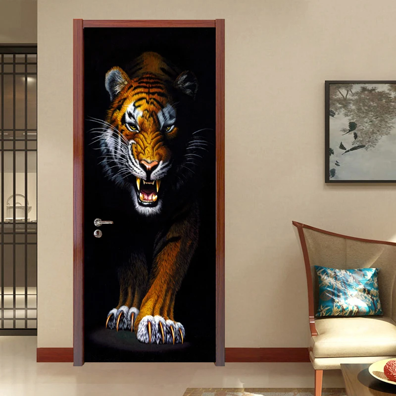 PVC samolepilno Nepremočljiva Ozadje 3D Stereo Tiger Živali Freske Dnevna Soba Stareřina je Vrata Spalnice Nalepke Ustvarjalne DIY Dekor
