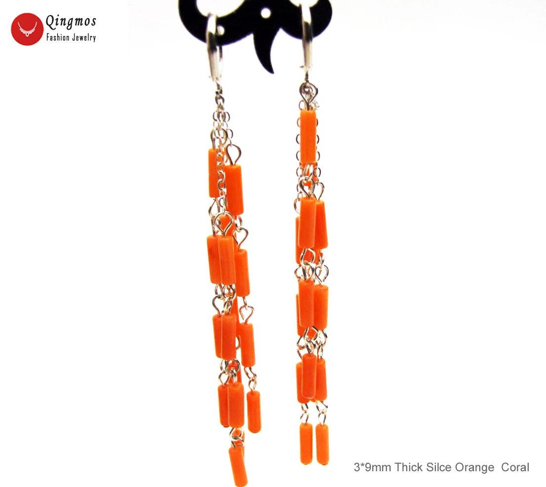 Qingmos Moda Naravni Pomarančni Koralni Uhan za Ženske s 3*9 mm Debela Rezina Koralni 4 Nitih Visijo Uhan 3