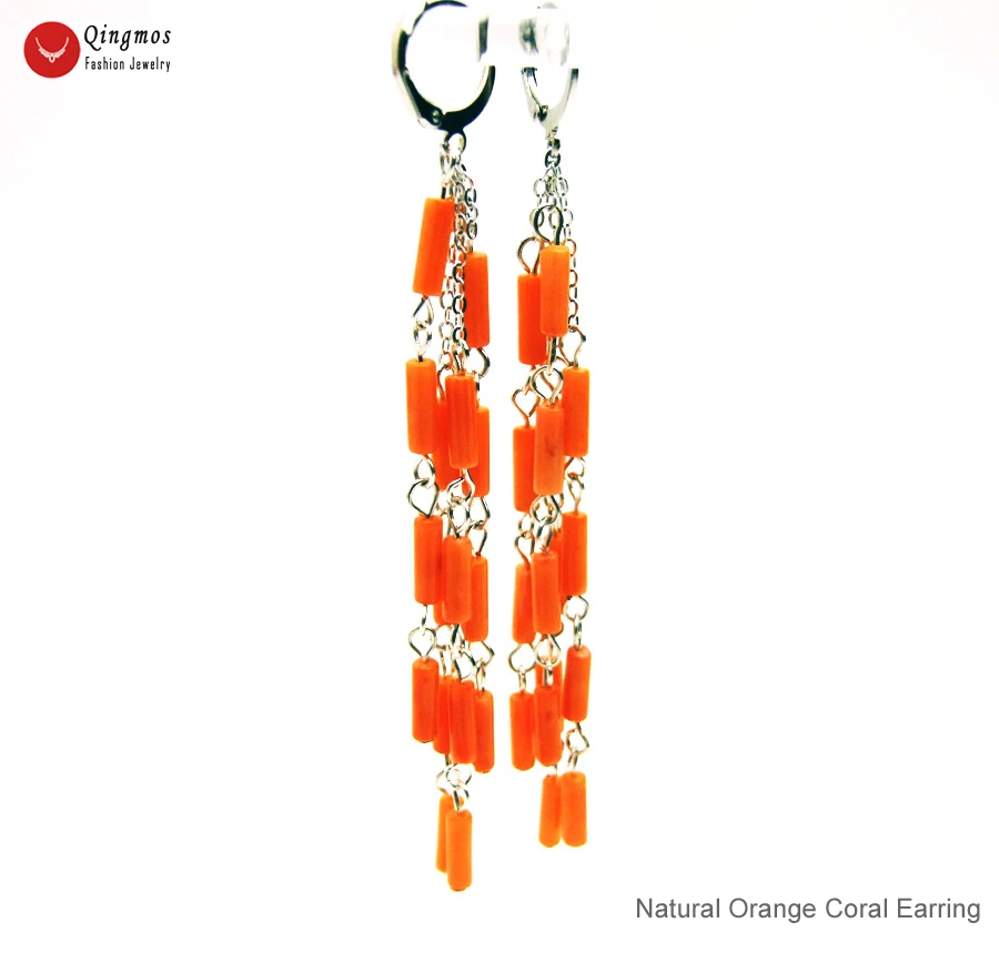 Qingmos Moda Naravni Pomarančni Koralni Uhan za Ženske s 3*9 mm Debela Rezina Koralni 4 Nitih Visijo Uhan 3