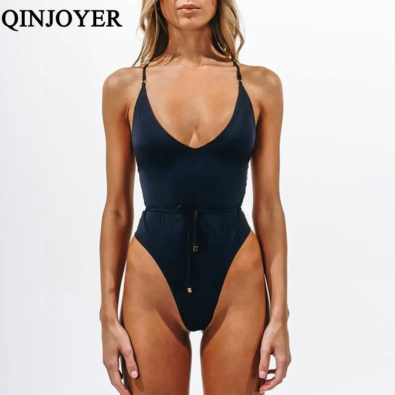 QINJOYER Backless En Kos Kopalke Ženske 2019 String Tangice Bikini Črnih Push Up Kopalke Monokini za Kopanje Swim Oblacilo Ženske
