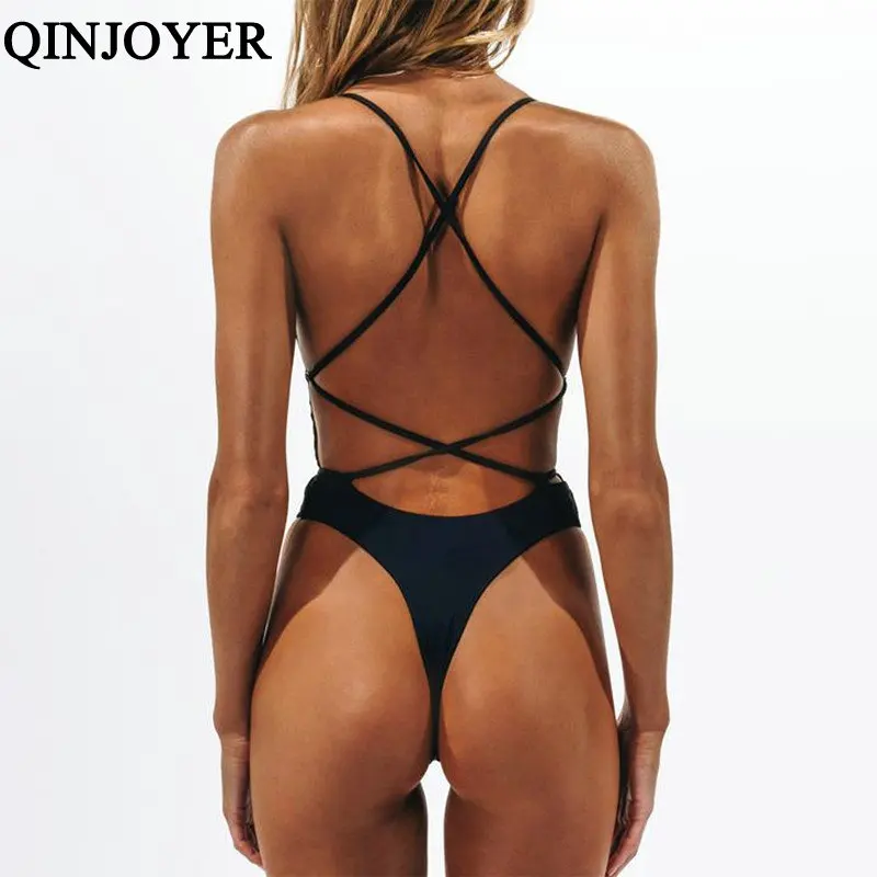 QINJOYER Backless En Kos Kopalke Ženske 2019 String Tangice Bikini Črnih Push Up Kopalke Monokini za Kopanje Swim Oblacilo Ženske