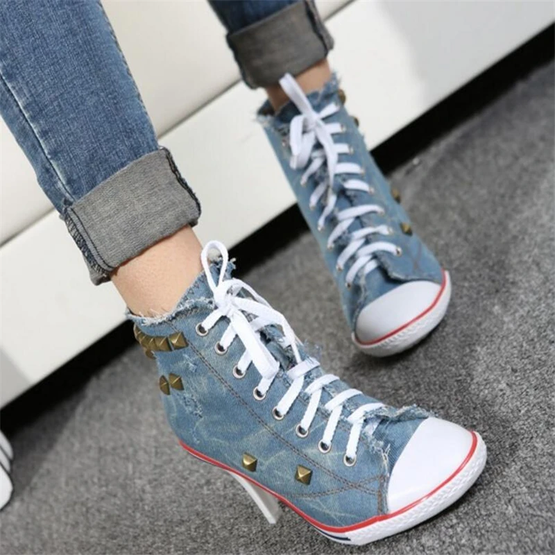 QWEDF 2019 Nove modne Ženske platneni čevlji denim visokih petah kovice čevlji modni čevlji z visokimi petami Udobno Dame luksuzni YA-33