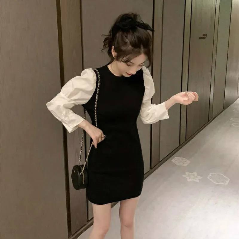 QWEEK Pletene iz Enega kosa Obleko korejski francoski Letnik Eleganten Dolg Rokav Črna Mini Obleka Stranka Bodycon Ženske Obleke 2021