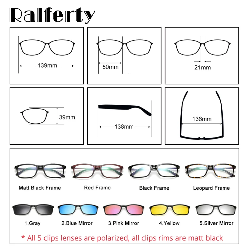 Ralferty Polarizirana sončna Očala Moški Ženske 5 V 1 Magnetna Sponka Na Očala TR90 Optični Recept Eyeglass Okvirji Magnet Posnetki