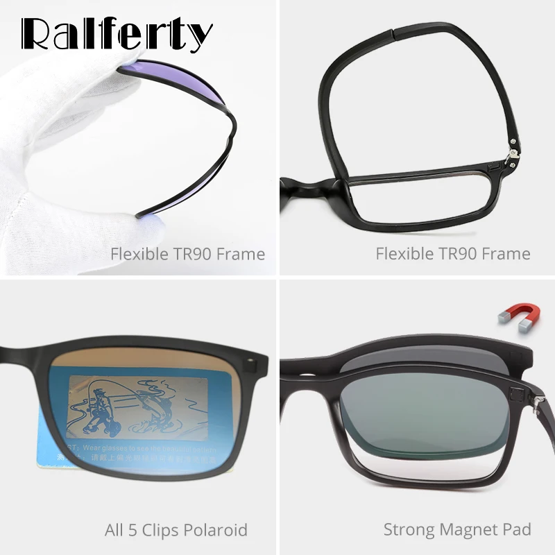 Ralferty Polarizirana sončna Očala Moški Ženske 5 V 1 Magnetna Sponka Na Očala TR90 Optični Recept Eyeglass Okvirji Magnet Posnetki