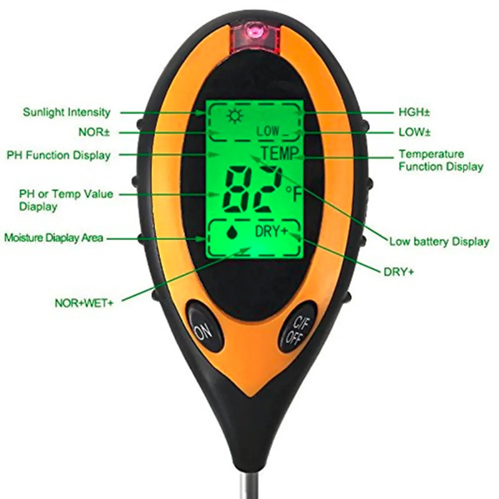 Rastlin, Tal, PH, Vlage, Svetlobe Tal Meter Tal Raziskava Instrument 4: 1 Termometer PH Vrednost Sončni svetlobi Tester Vroče Debelo