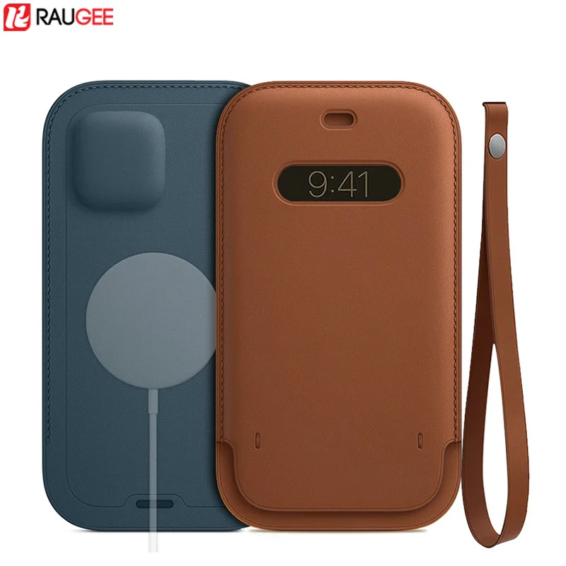 Raugee Original Magnetni Pravega Usnja denarnice Primeru za iPhone 12 Max Pro Mini Polnjenje Rokav Zapestje Vrečko Telefonske Kartice Torbica