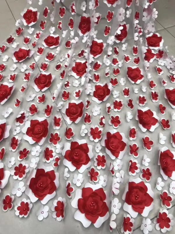 Rdeča Allover 3D cvetlični Appliques francoski čipke lep Afriške til tkanine, čipke z veliko kroglice 5 metrov visoke kakovosti FJ22471