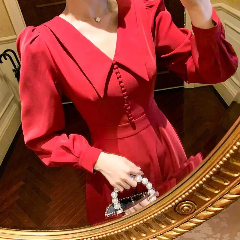 Rdeča Elegantna Božič Obleko Ženske Jeseni Priložnostne Retro Stranka Midi Obleko Ženski Slim Hepburn Elegantna Korejski Obleki Ženske 2020 Nova