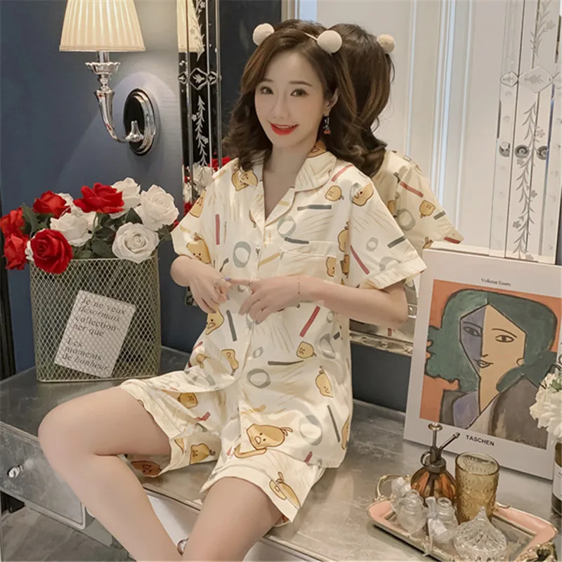 Rdeča Prosti čas saten svila Pižamo za Ženske Kawaii Tiskanja pižame Modni Ženski Luksuzni korejski kratka sleeved Sleepwear More set