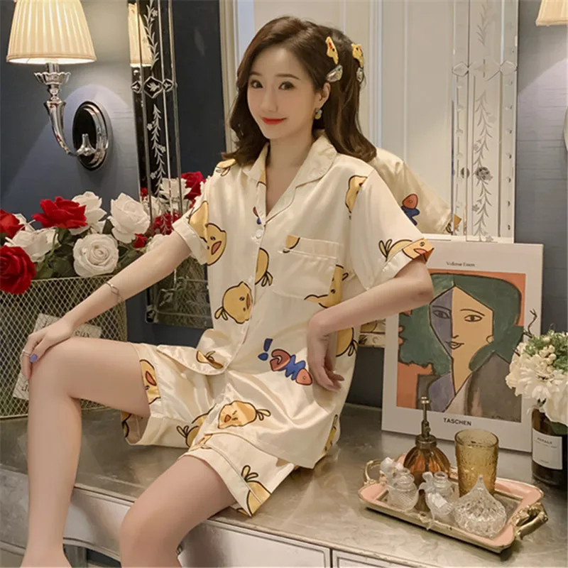 Rdeča Prosti čas saten svila Pižamo za Ženske Kawaii Tiskanja pižame Modni Ženski Luksuzni korejski kratka sleeved Sleepwear More set