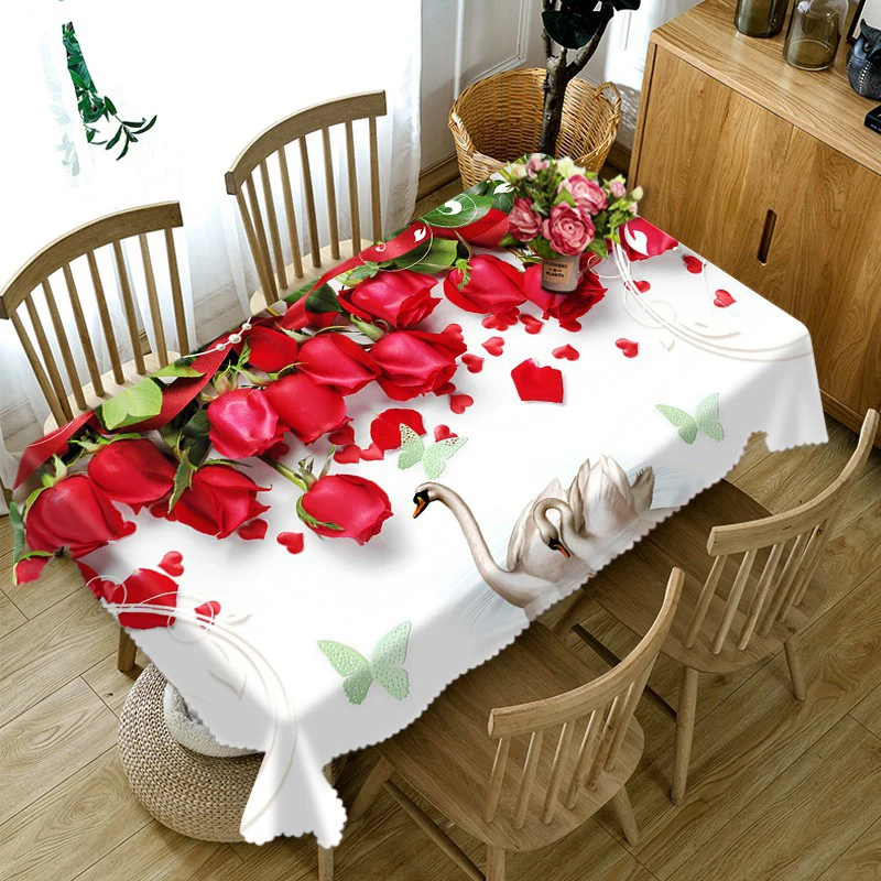 Rdeče Vrtnice Krog Poroko Prtom Seksi 3d Flower & Swan Ljubitelje Stroj Zgostitev Bombaž Pravokotne Namizni prt za Stranke Banket