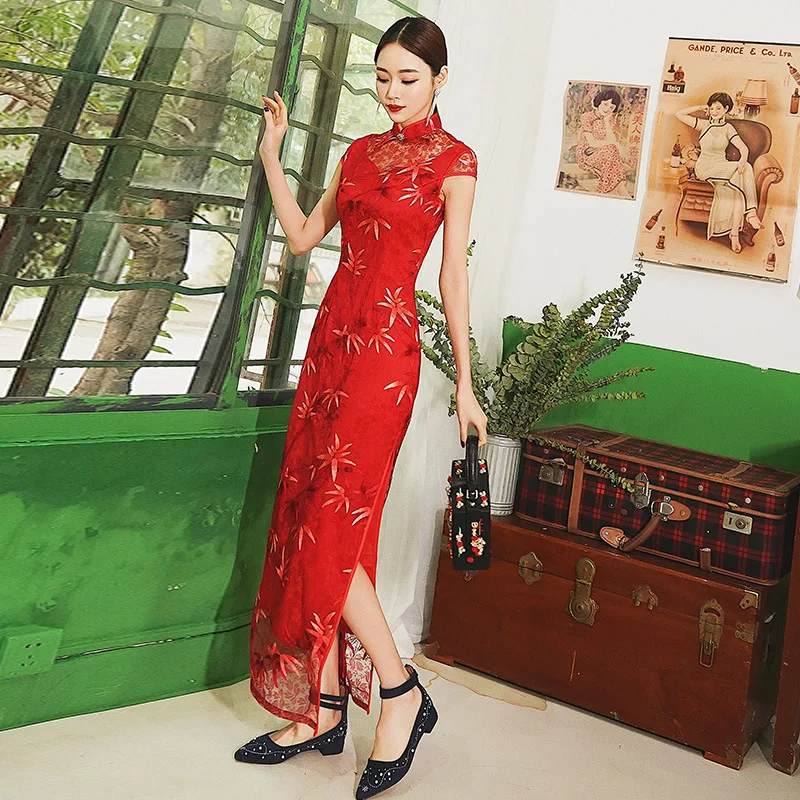 Rdeče Čipke Ženski Tesen Dolgo Qipao Elegantno Klasično Cvetlični Cheongsam Kitajske Obleke Mandarin Ovratnik Vestidos Oversize S-3XL